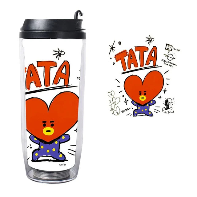 BT21 500Ml Double-Layer Plastic Straw Cup
