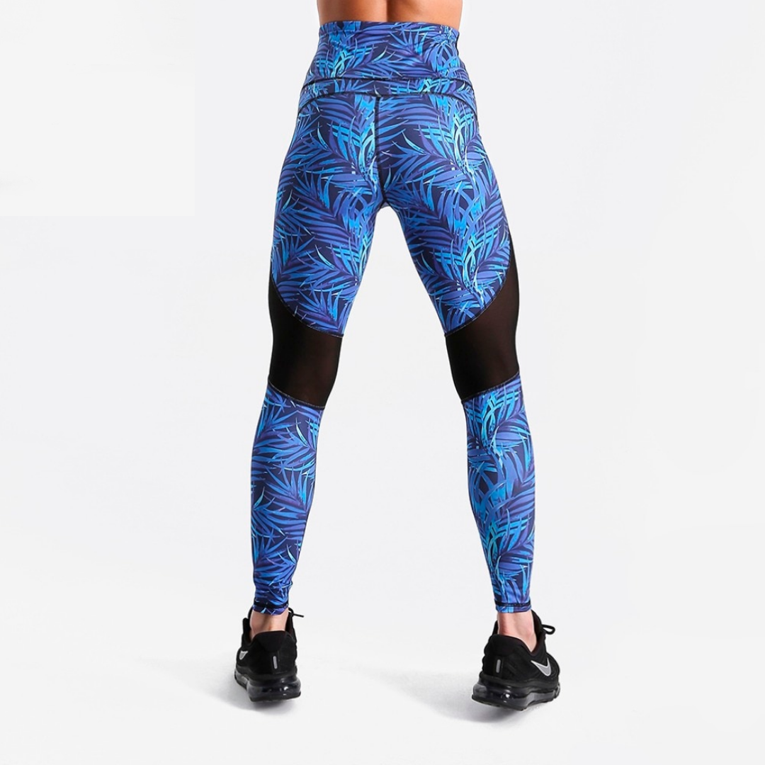 Blue leaf -Fitness leggings with mesh inserts - SD-style-shop