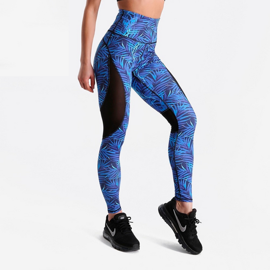 Blue leaf -Fitness leggings with mesh inserts - SD-style-shop