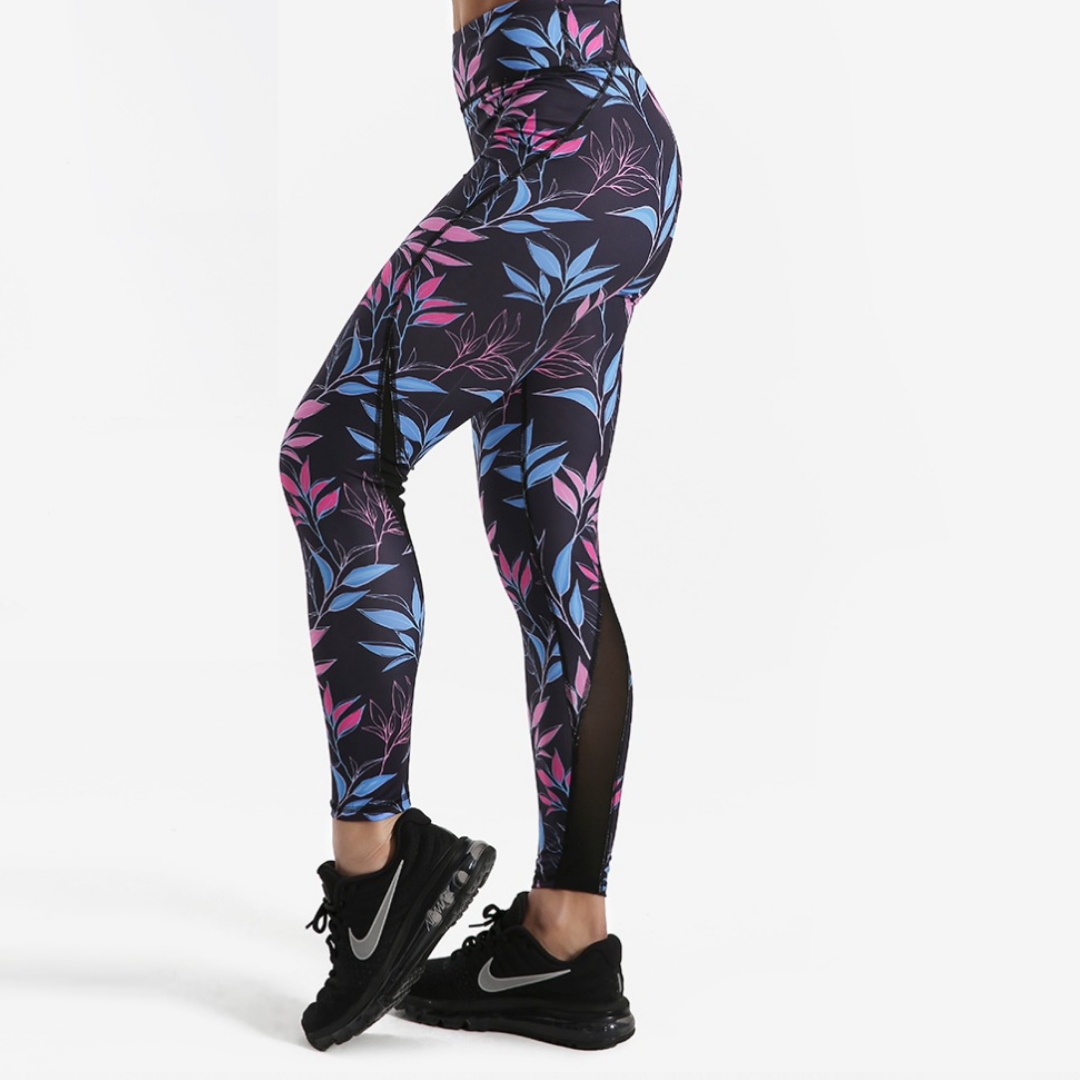 Blue and Pink leaf print fitness Leggings - SD-style-shop