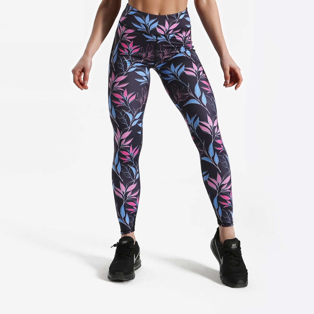 Blue and Pink leaf print fitness Leggings - SD-style-shop