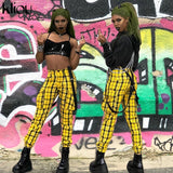 Yellow plaid pants women with straps - SD-style-shop