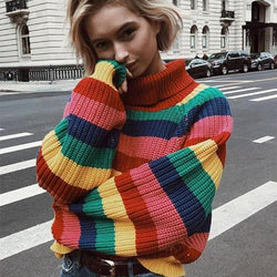 Chunky knitted sweater with rainbow stripes and a turtleneck. - SD-style-shop