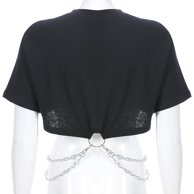 Cropped Rock T-shirt with Chains - Black - SD-style-shop