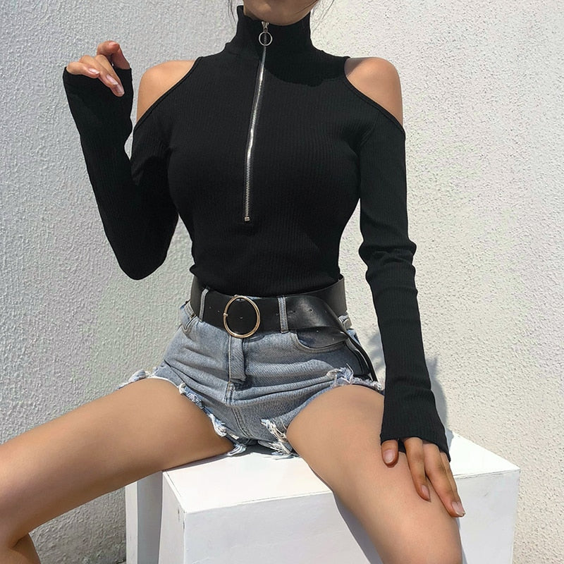 Black Long Sleeve Bodysuit  with open shoulders - SD-style-shop