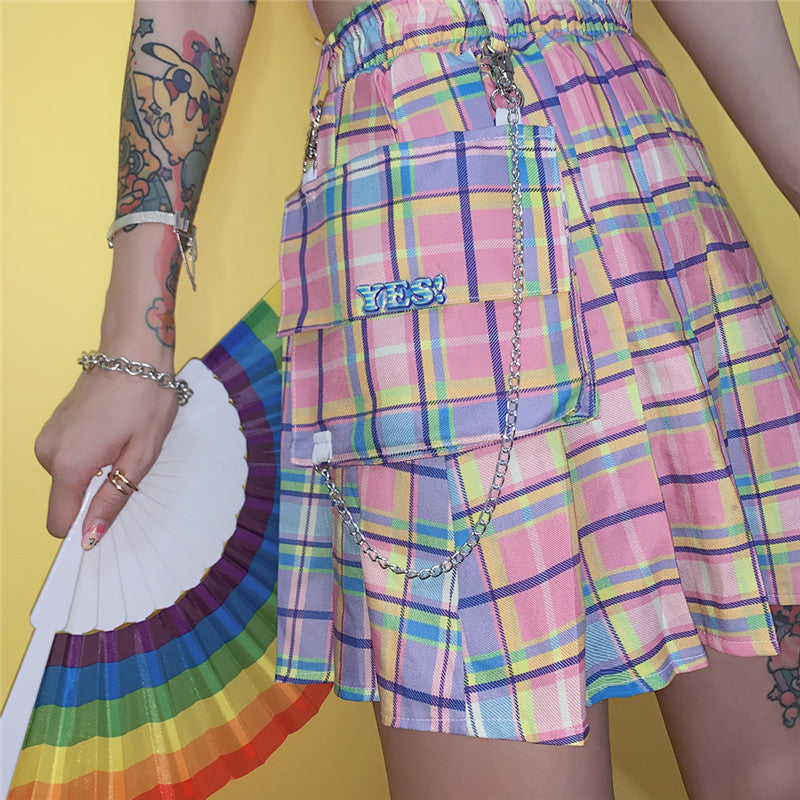 Rainbow plaid Skirt With Chain and pocket - SD-style-shop