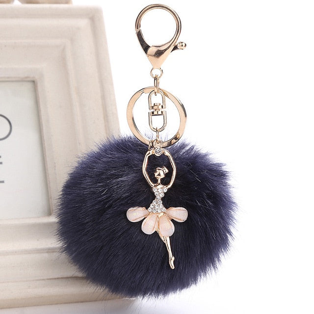 Ballet key chain with fake Fur Ball pompom Key Chain Ballerina keyring - SD-style-shop