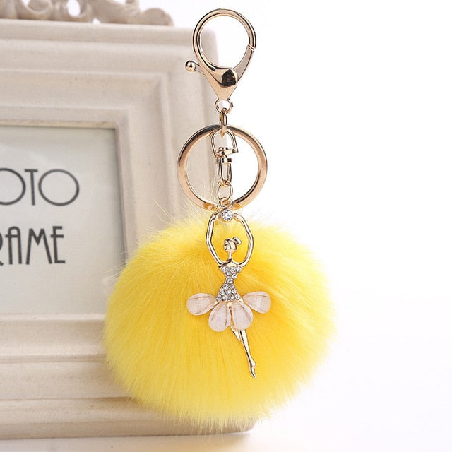 Ballet key chain with fake Fur Ball pompom Key Chain Ballerina keyring - SD-style-shop