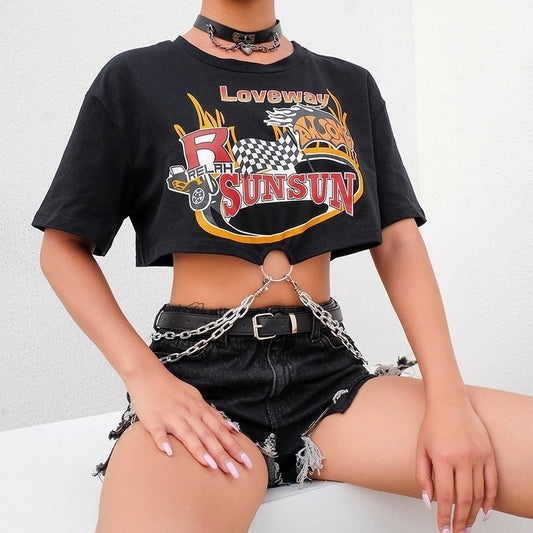 Cropped Rock T-shirt with Chains - Black - SD-style-shop